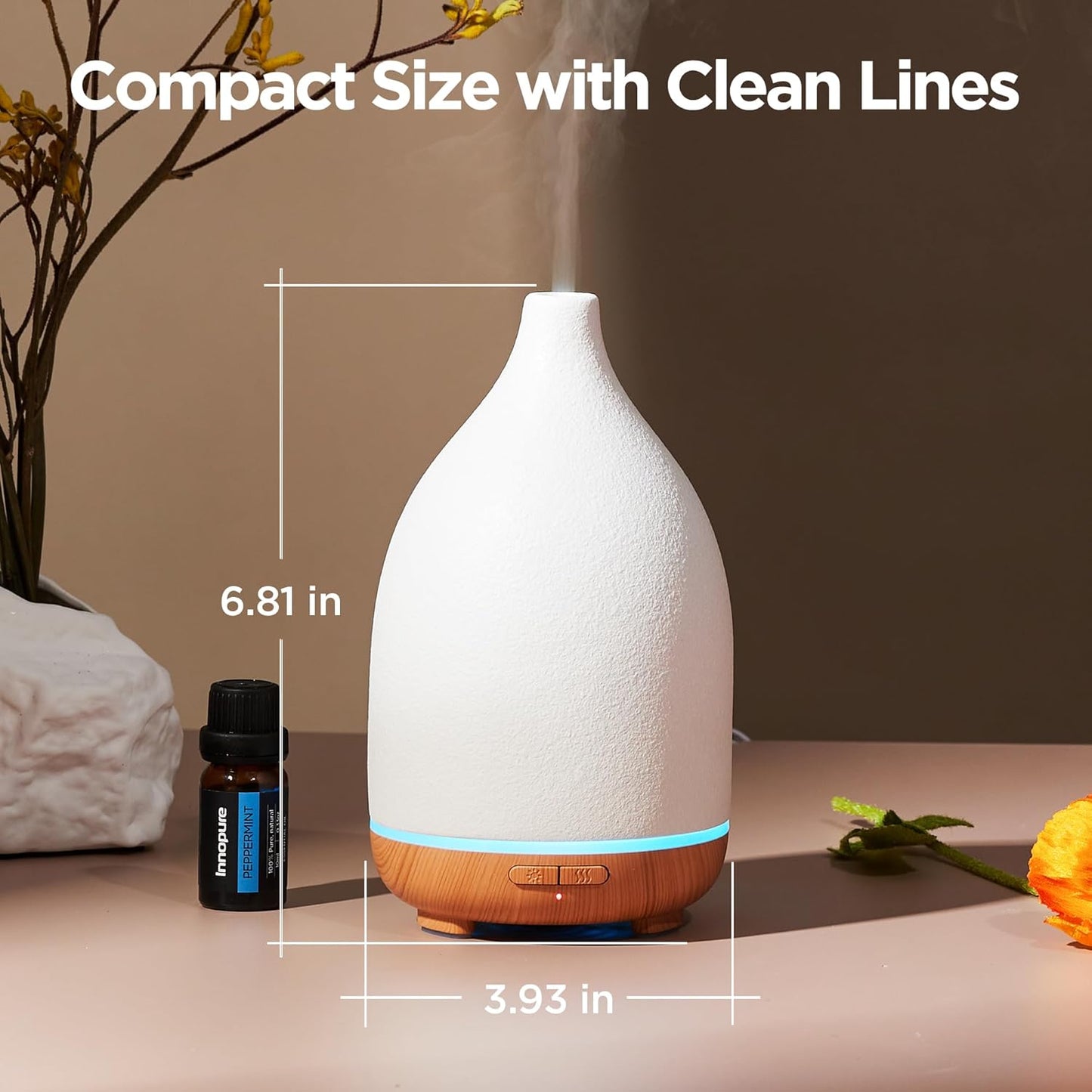 Oil Diffuser, 150ML Ceramic Diffuser for Essential Oils Handcrafted Aromatherapy Diffuser Ultrasonic Cool Mist Humidifier with 2 Mist Modes Waterless Auto off for Room Office, White