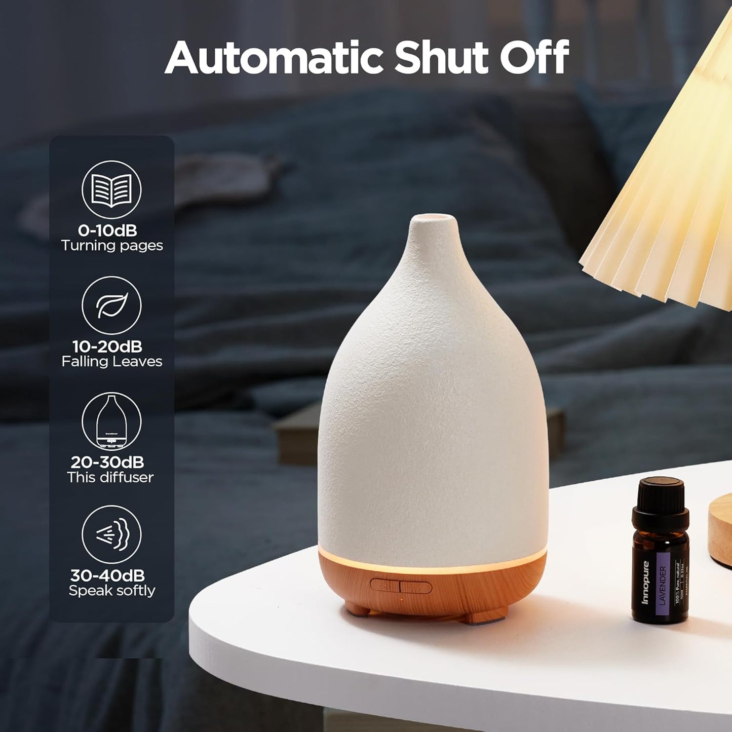 Oil Diffuser, 150ML Ceramic Diffuser for Essential Oils Handcrafted Aromatherapy Diffuser Ultrasonic Cool Mist Humidifier with 2 Mist Modes Waterless Auto off for Room Office, White
